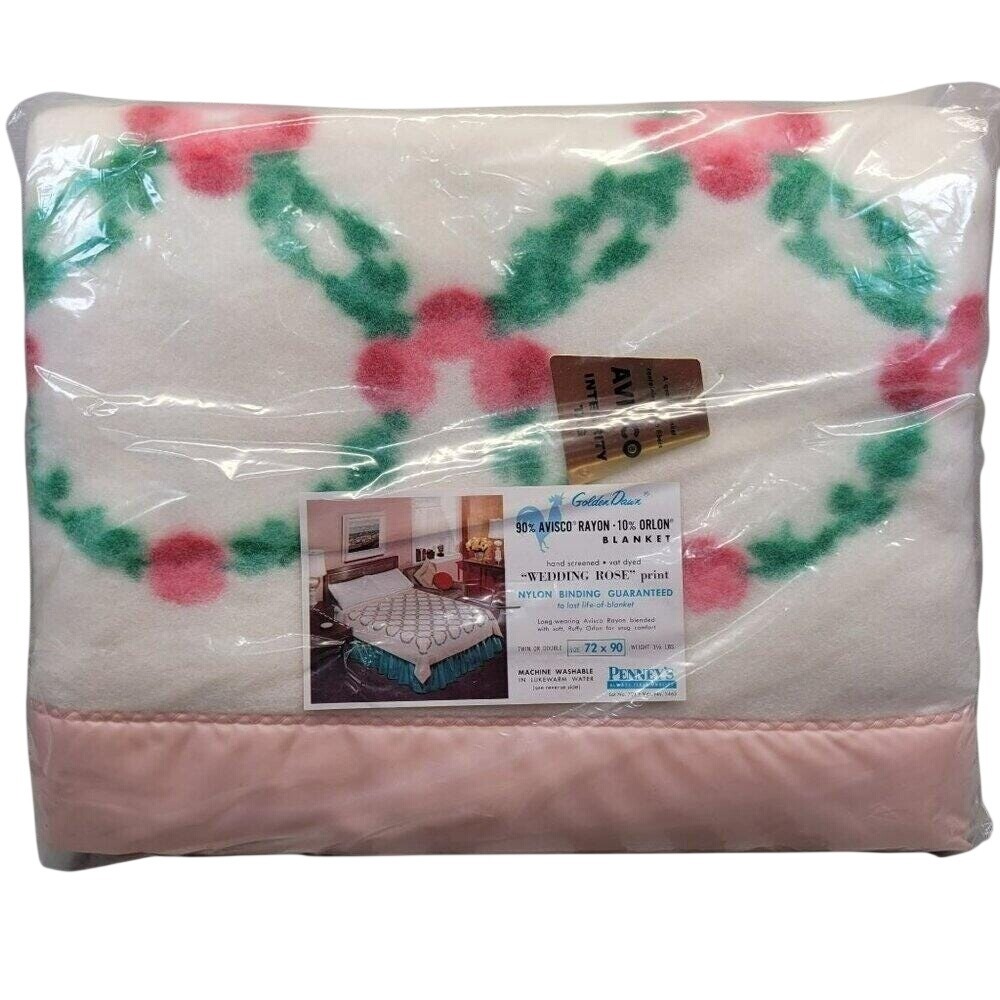 Golden Dawn Wedding Rose Wreath Greenery Pink Flower Blanket 72x90 Penney's Vtg